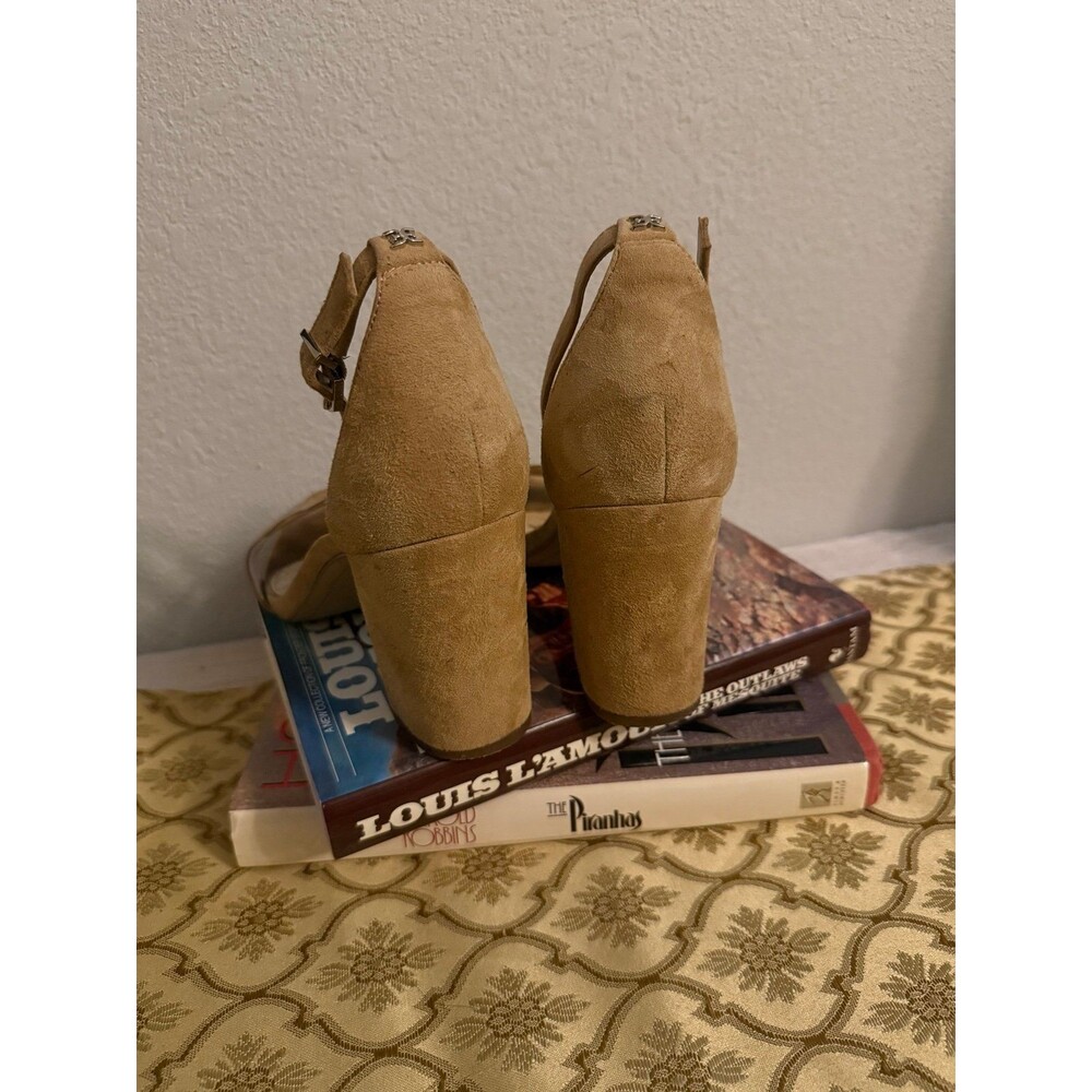 Sam Edelman Block Heel Sandals Tan Suede Ankle Strap Scalloped Dress Heel 7.5 - Picture 5 of 9